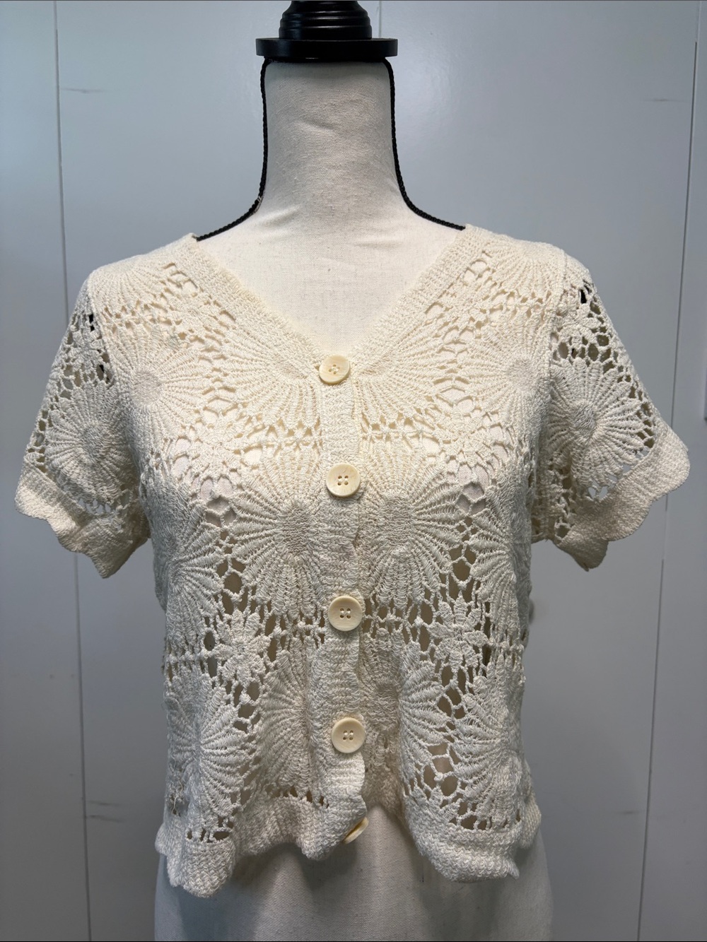 Cream Crochet Short-Sleeve Button Front Tee